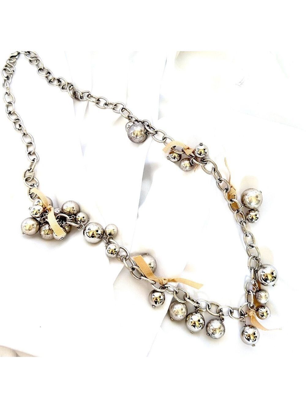 LOFT Long Silver Bauble Necklace w Tan Hemp Ties NWT​